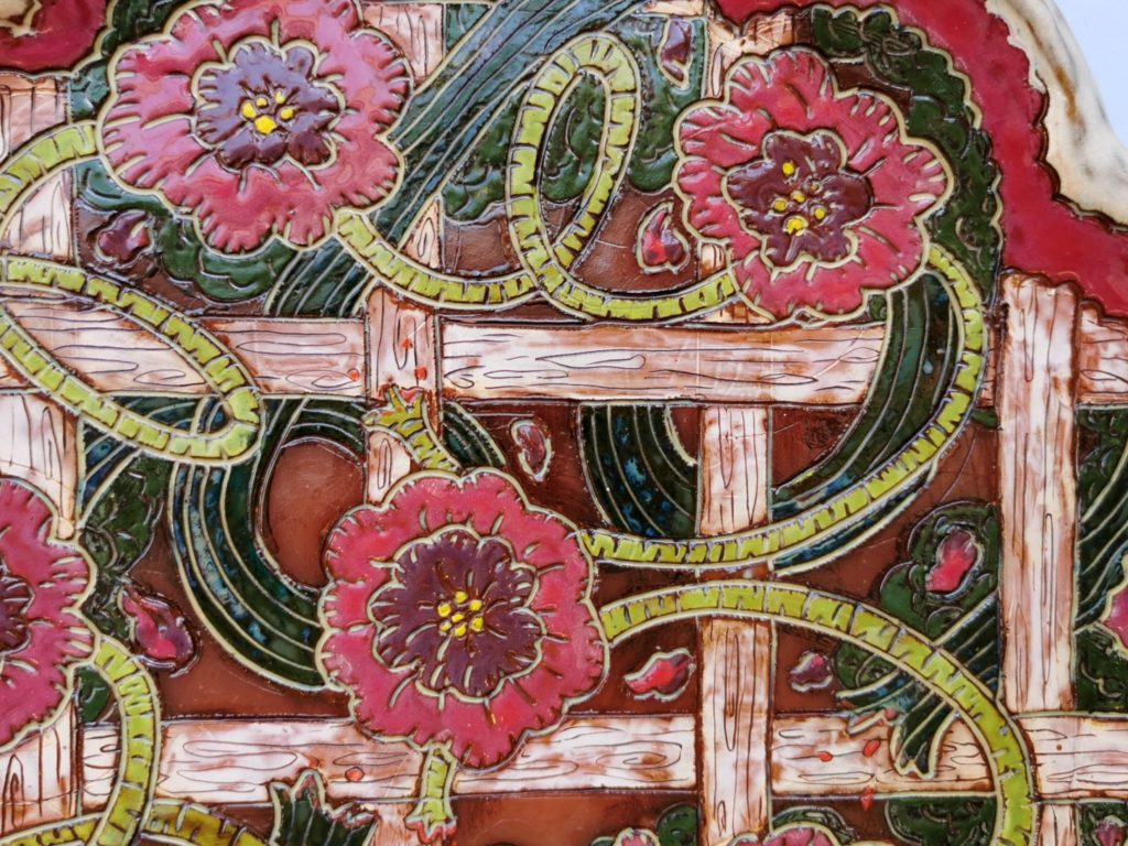 detail of ceramic platter with flowers