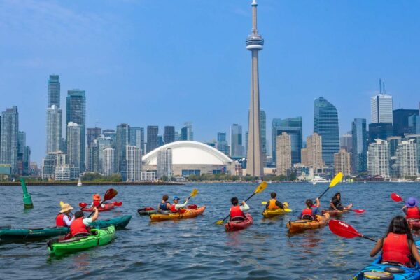 A group of children kayaking on the Toronto waterfront with the CN tower in the background