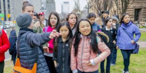 A group of students gathered outside Old City Hall