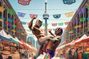 Two Mexican fighters in celebration of Cinco de Mayo in front of the CN Tower.