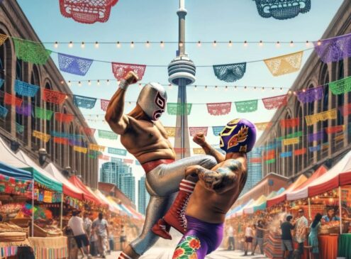 Two Mexican fighters in celebration of Cinco de Mayo in front of the CN Tower.