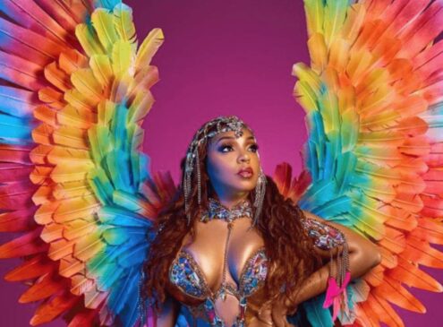 Black woman wearing a colourful costume with feathers