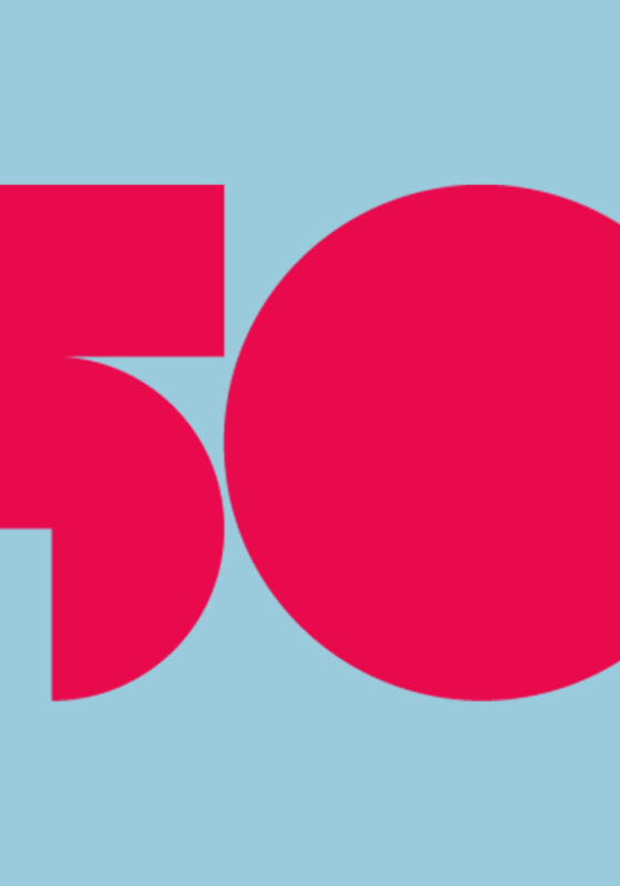 Red 50 icon against a blue background