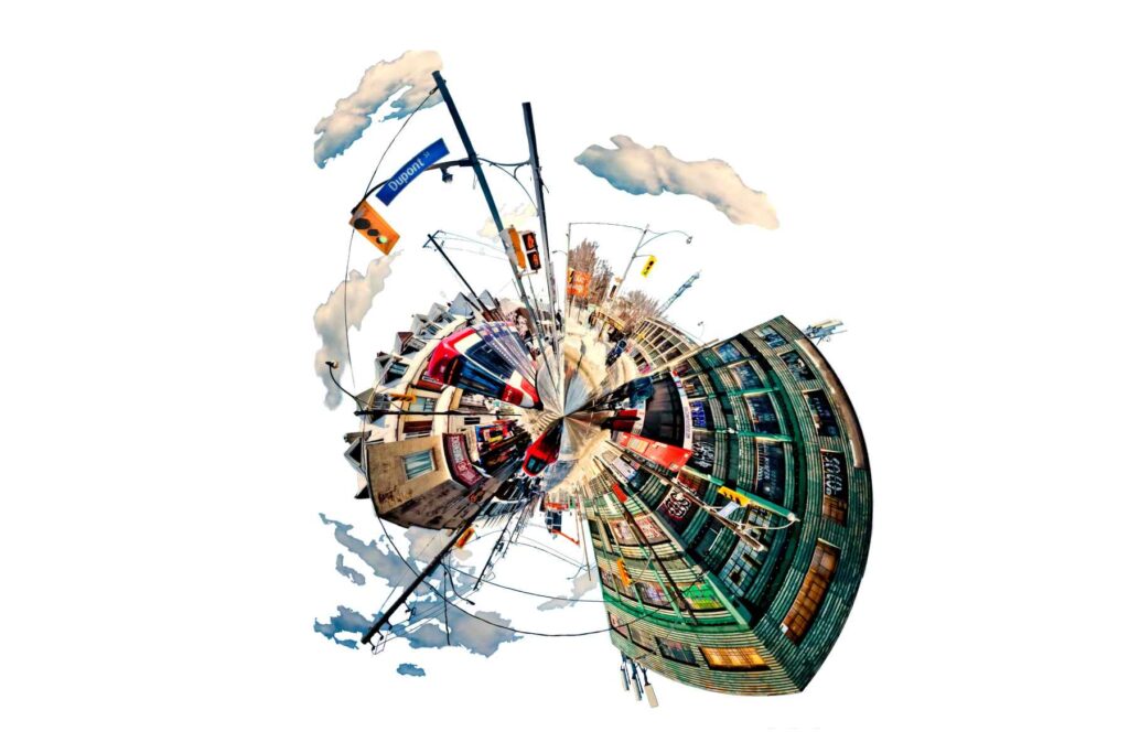 Colourful artwork combining components of downtown Toronto.