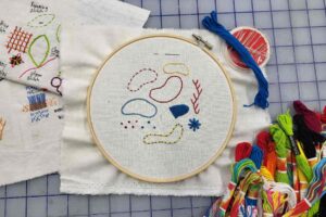 Hand embroidery materials laid out on a table