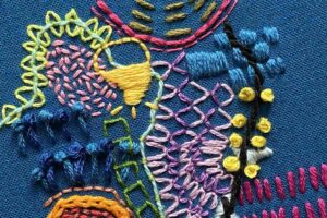 Colour stitched pattern against a blue background