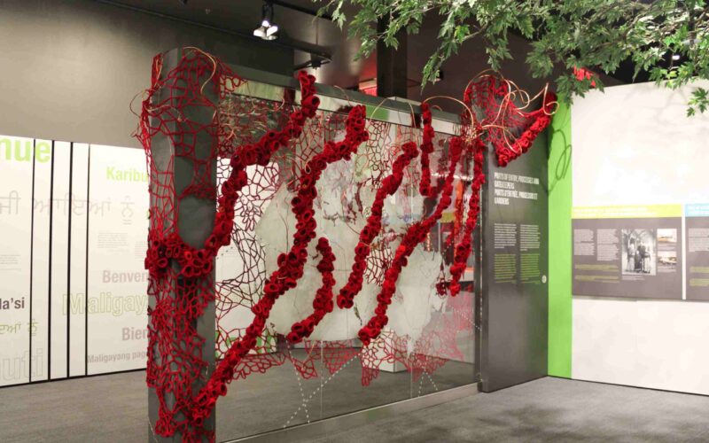 Red textile work in an exhibition