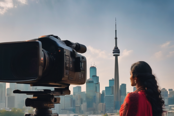 An AI created image with glitches depicting a woman in red clothing looking at a Toronto-like cityscape with a camera-like object on a tripod in the foreground.