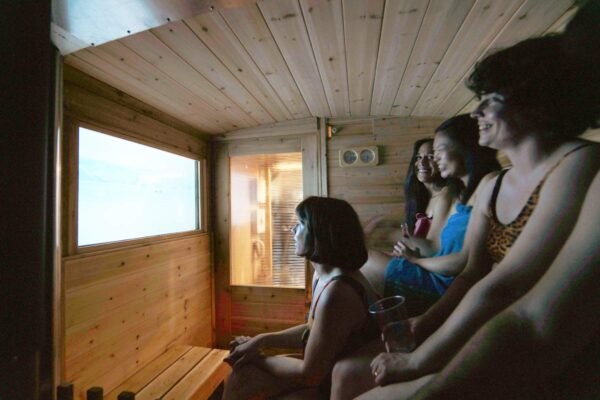 A group of women sitting in an indoor sauna