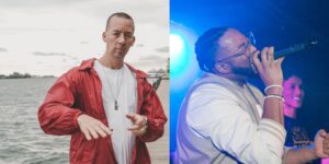 A composite image of a DJ and a singer posing for the camera.