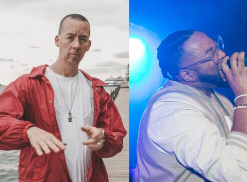 A composite image of a DJ and a singer posing for the camera.