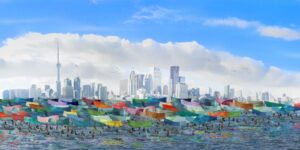 An artist rendering of the Toronto skyline with 100 canoes