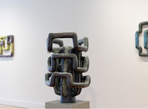 An up-close shot of a ceramic work in a gallery