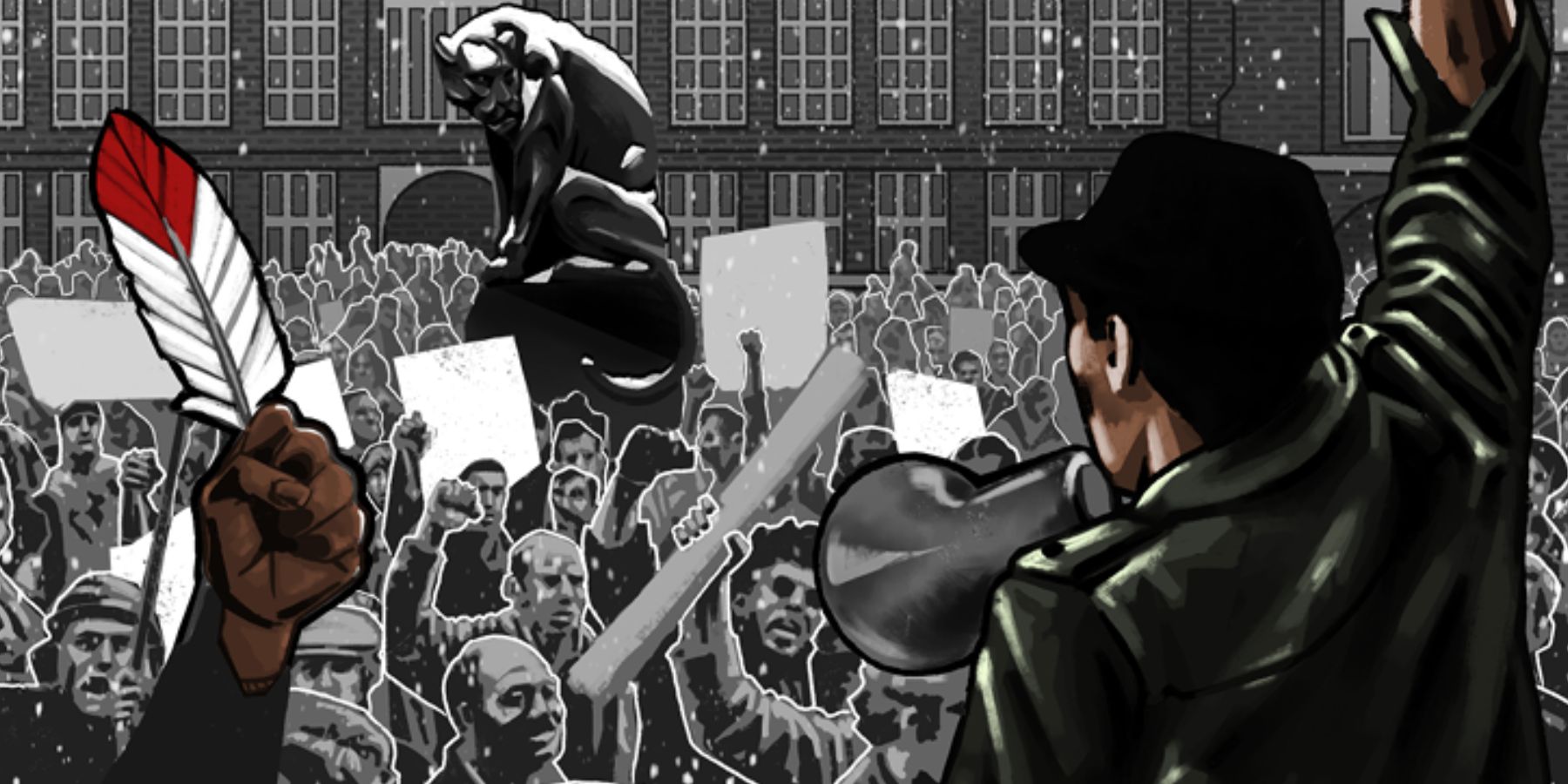 A black and white graphic of a crowd involved in a protest