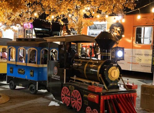 A train with kids during the holidays