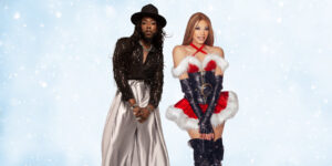 A composite image of two artists against a light grey background