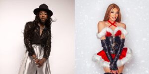 A composite image of two artists against a light grey background