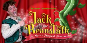 Jack and the Beans Talk text against a red curtain background