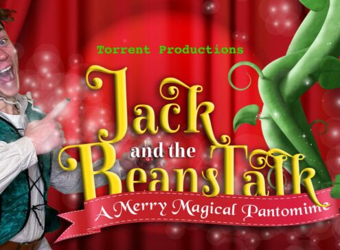 Jack and the Beans Talk text against a red curtain background