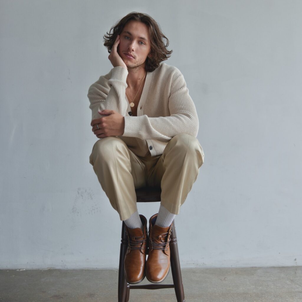A man sitting on a stool posing for the camera
