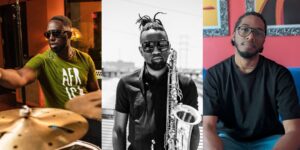 A composite image of three artists