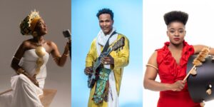 A composite image of three artists