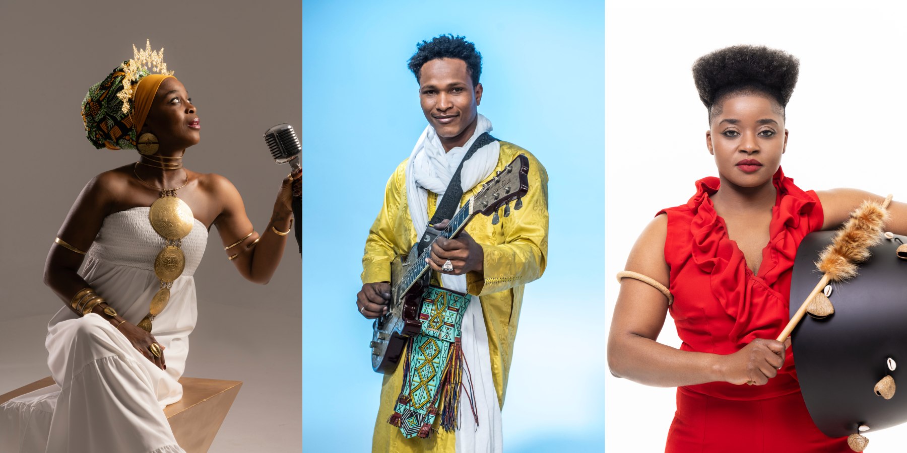 A composite image of three artists