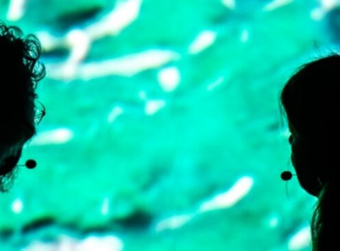 A shadow of two people against a bright blue water background