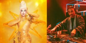 A composite image of a person in a bright yellow costume on the left and a DJ spinning music on the right