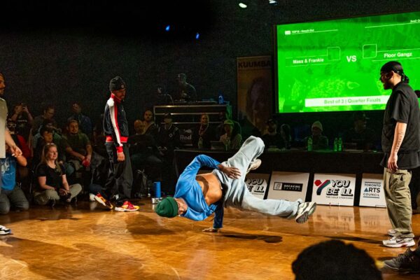 A crowd watching breakdancers