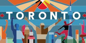 A mock-up of a mural depicting the Toronto skyline