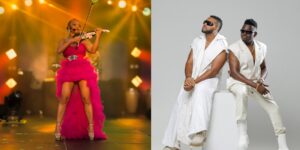A composite image of a female violinist wearing a pink dress on stage, and two men wearing white attire and sunglasses sitting.