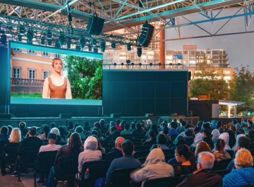 An audience watching an outdoor movie at night
