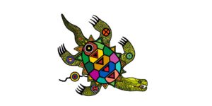 A graphic of a colourful turtle against a white background