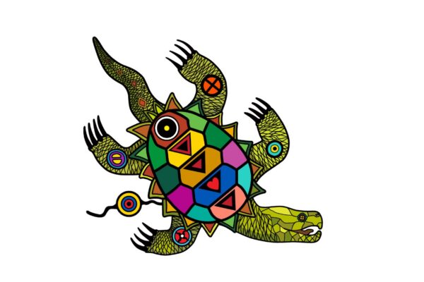 A graphic of a colourful turtle against a white background