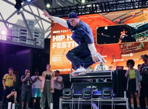 A group of dancers on stage breakdancing