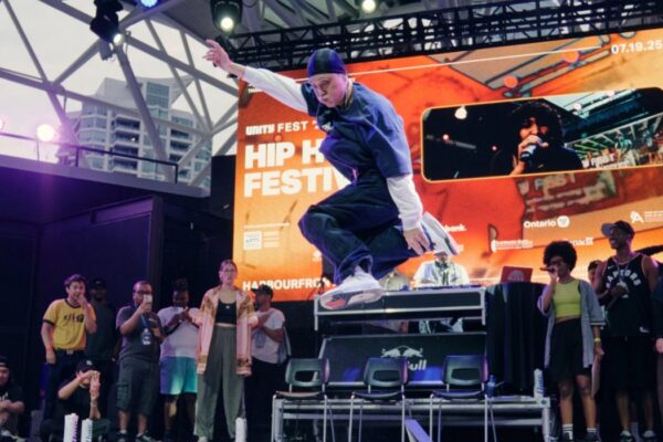 A group of dancers on stage breakdancing