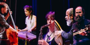 A composite image of five musicians playing their instruments.