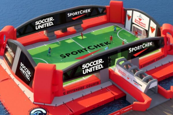 A digital rendering of a floating soccer pitch on water