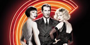 A Chicago movie poster with man in a suit next to two women against a bright orange lighted background
