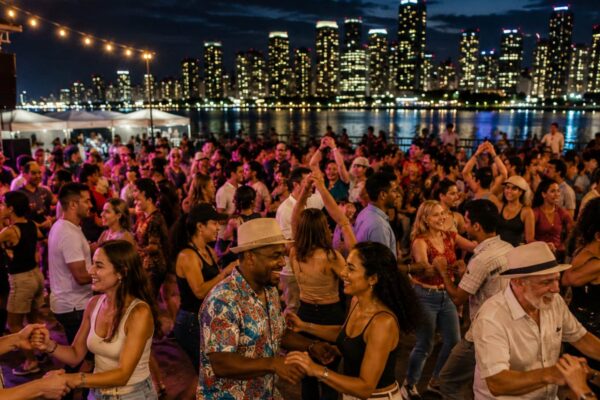 A crowd dancing outside by a city skyline at night