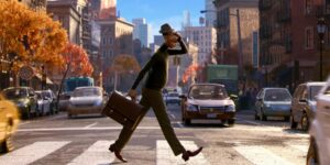 A film still of the movie Soul of the main character walking outside on the street