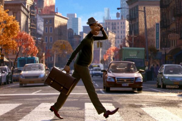 A film still of the movie Soul of the main character walking outside on the street