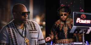 A composite image of two artists wearing sunglasses