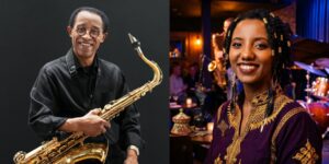 A composite image of a musician wearing black and posing with a saxophone and a woman smiling posing for the camera.