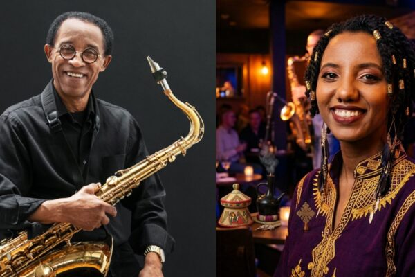 A composite image of a musician wearing black and posing with a saxophone and a woman smiling posing for the camera.
