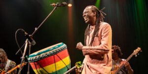 A musician performing on stage with a band and a percussion