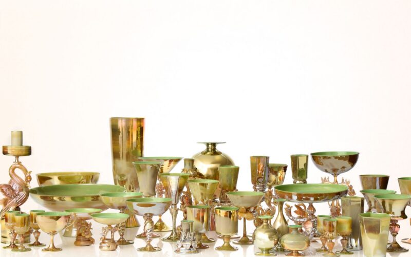 An arrangement of colourful glassware