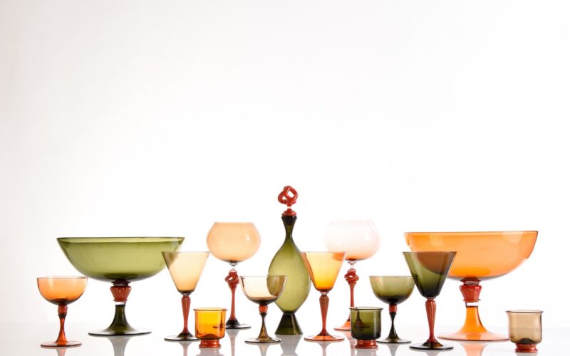 An arrangement of colourful glassware