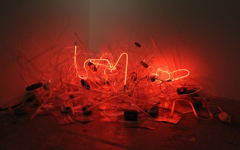 A glowing bright red glass work